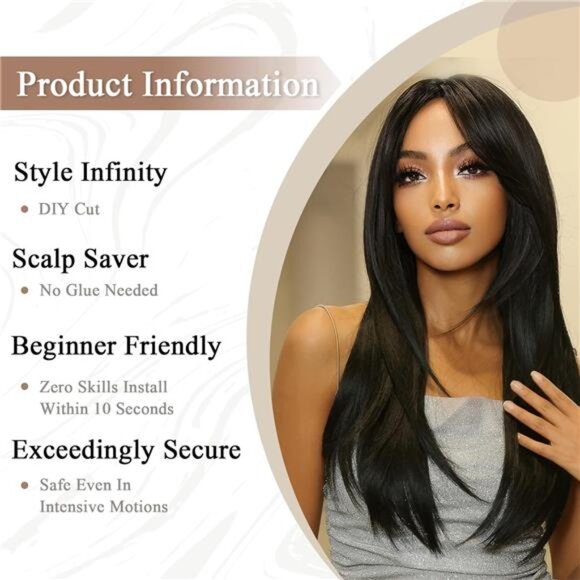 Long Black Wig with Bangs Straight Layered Wig for Women Natural Looking - Picture 2 of 7